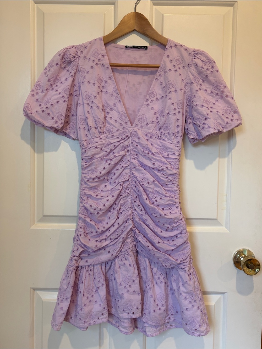 Zara Lavender Eyelet Ruched V-Neck Dress